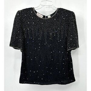 VINTAGE LAURENCE KAZAR shirt top blouse beaded formal silk black plus 1X